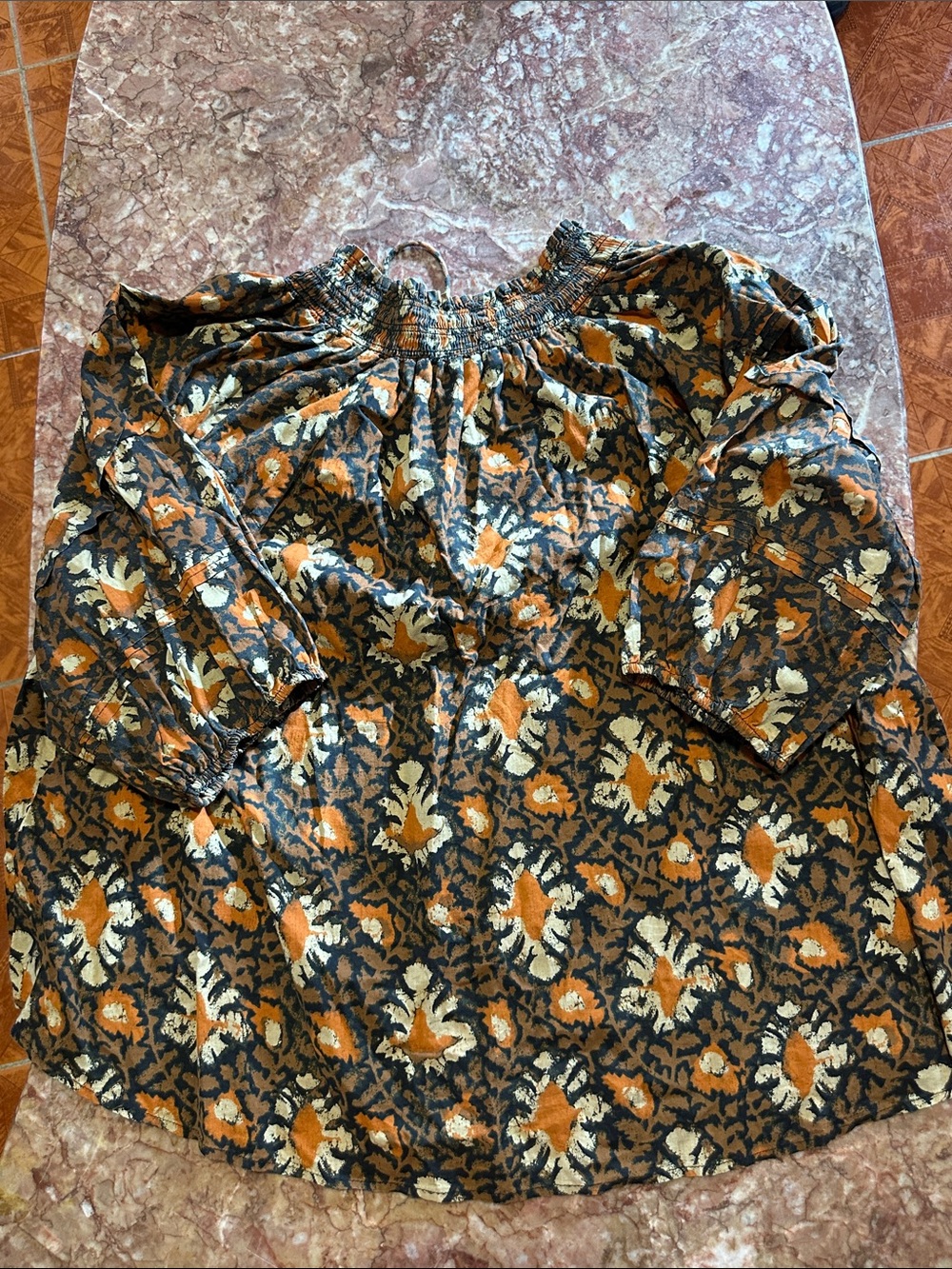 Free People Floral Smocked Peasant Top in Rust, Black & Cream